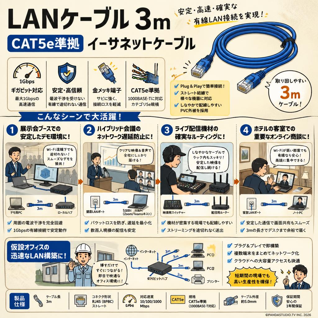 LANケーブル 3m CAT5e準拠 イーサネットケーブル 用途