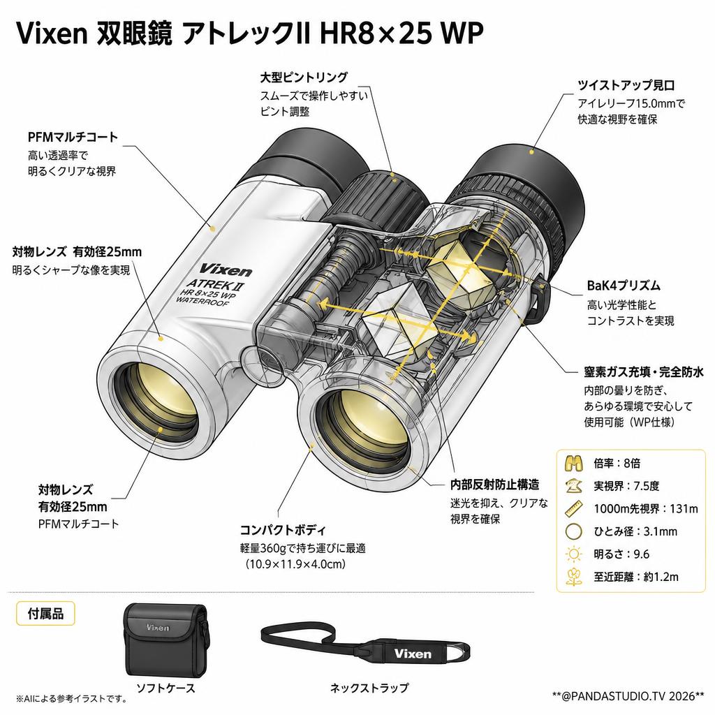 【20%ポイントバック実施中】Vixen 双眼鏡 アトレックII HR8×25 WP スペック