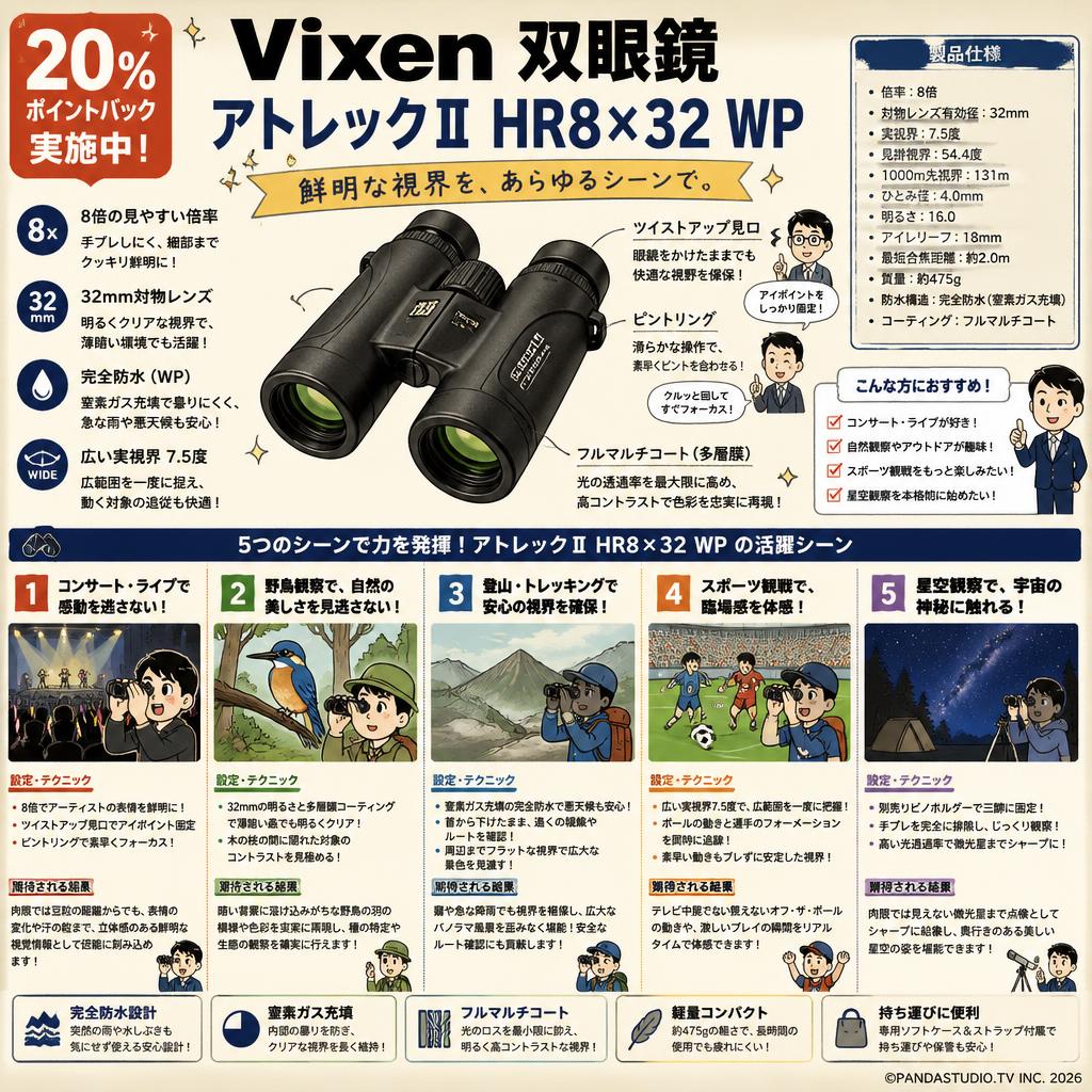 【20%ポイントバック実施中】Vixen 双眼鏡 アトレックII HR8×32 WP 用途