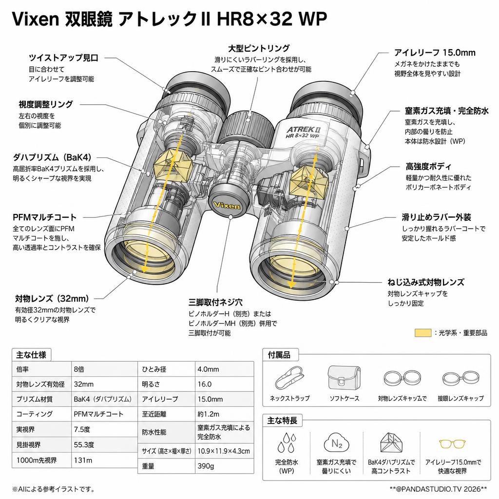 【20%ポイントバック実施中】Vixen 双眼鏡 アトレックII HR8×32 WP スペック
