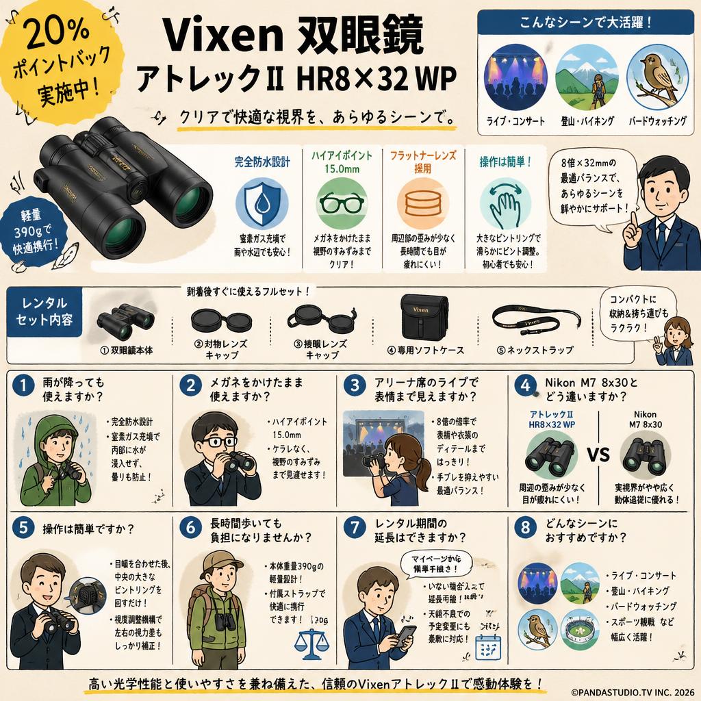 【20%ポイントバック実施中】Vixen 双眼鏡 アトレックII HR8×32 WP FAQ（よくある質問と答え）