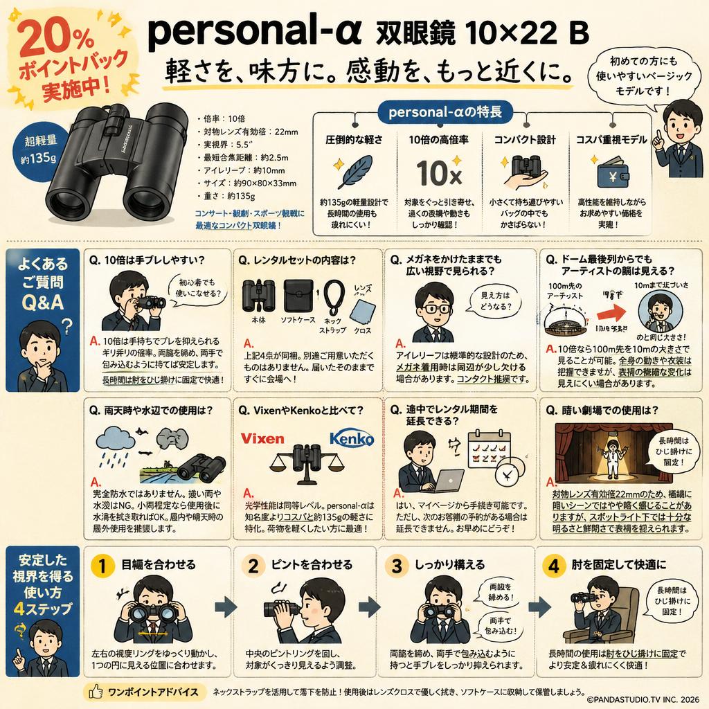 【20%ポイントバック実施中】personal-α 双眼鏡 10×22  B FAQ（よくある質問と答え）