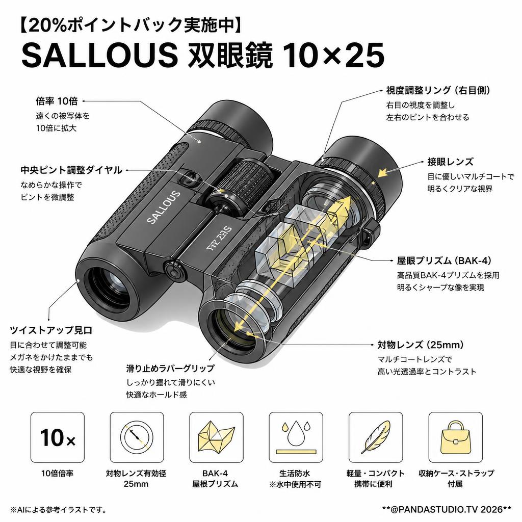 【20%ポイントバック実施中】SALLOUS 双眼鏡 10×25 スペック
