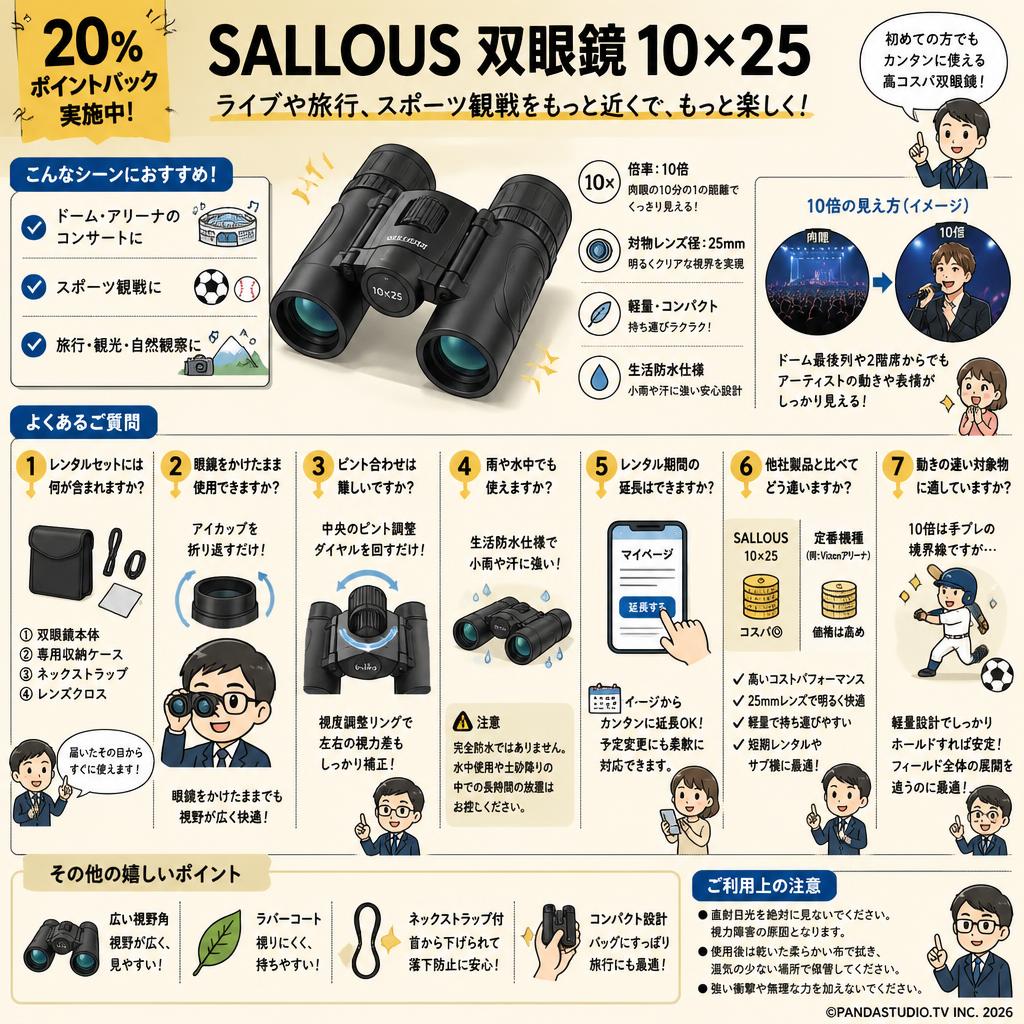 【20%ポイントバック実施中】SALLOUS 双眼鏡 10×25 FAQ（よくある質問と答え）