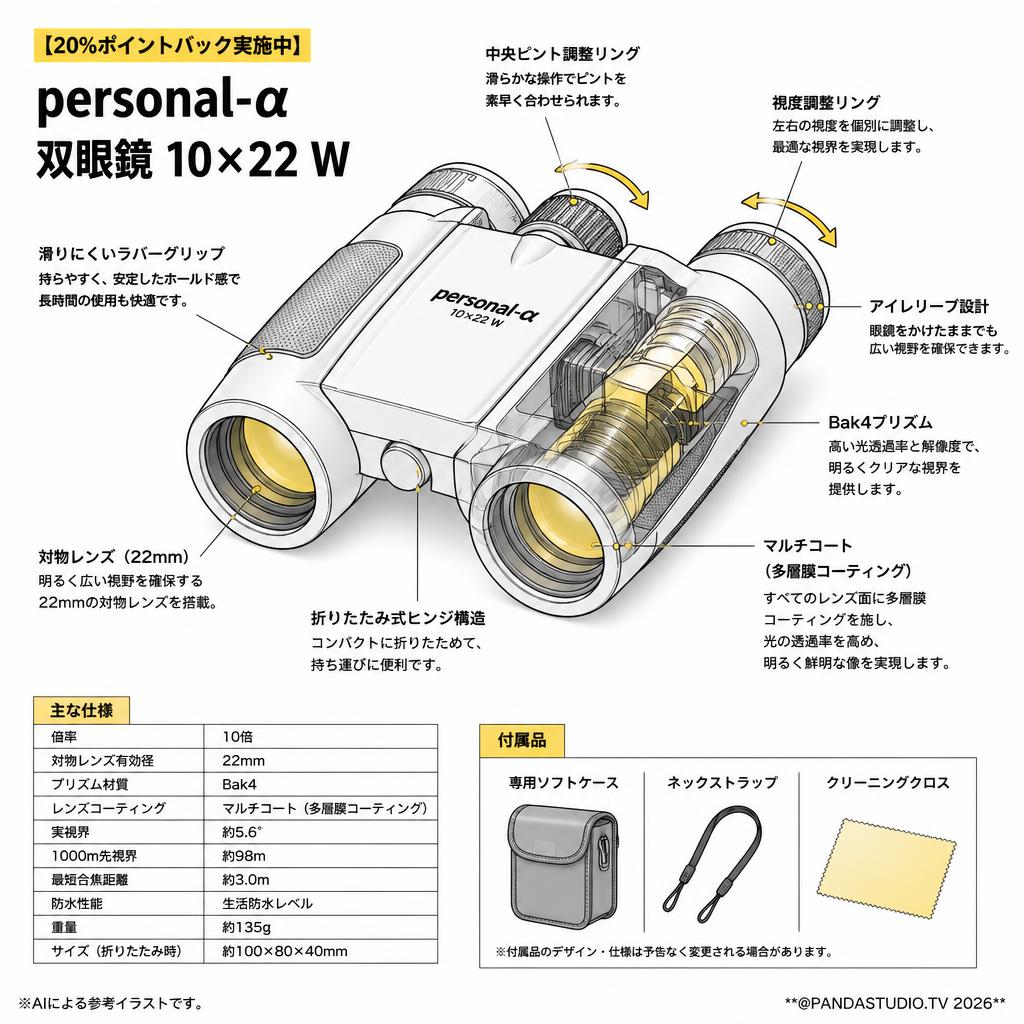 【20%ポイントバック実施中】personal-α  双眼鏡 10×22 W スペック