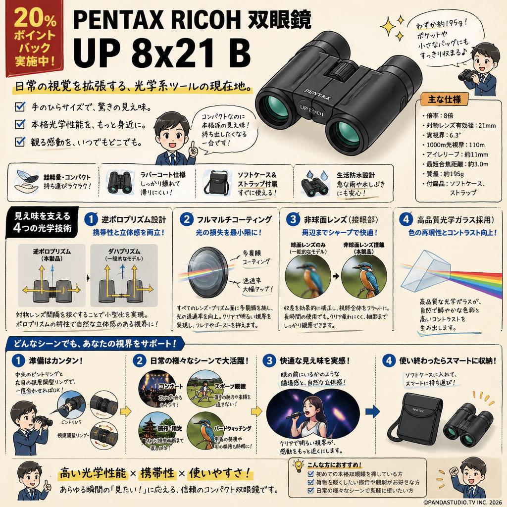 【20%ポイントバック実施中】PENTAX RICOH 双眼鏡 UP 8x21 B 概要