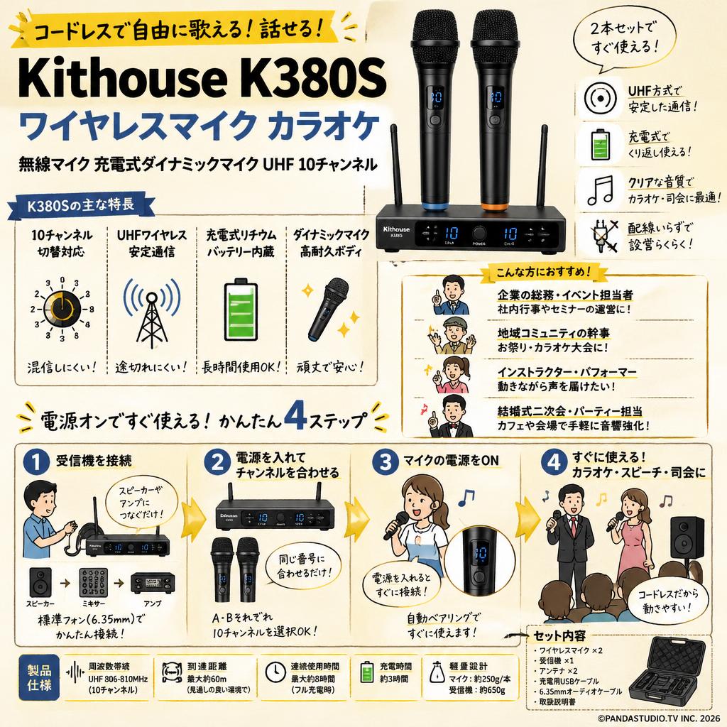 Kithouse K380Sワイヤレスマイク カラオケ 無線マイク 充電式ダイナミックマイク UHF 10チャンネル おもな対象のお客様