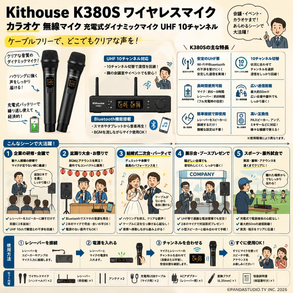 Kithouse K380Sワイヤレスマイク カラオケ 無線マイク 充電式ダイナミックマイク UHF 10チャンネル 用途