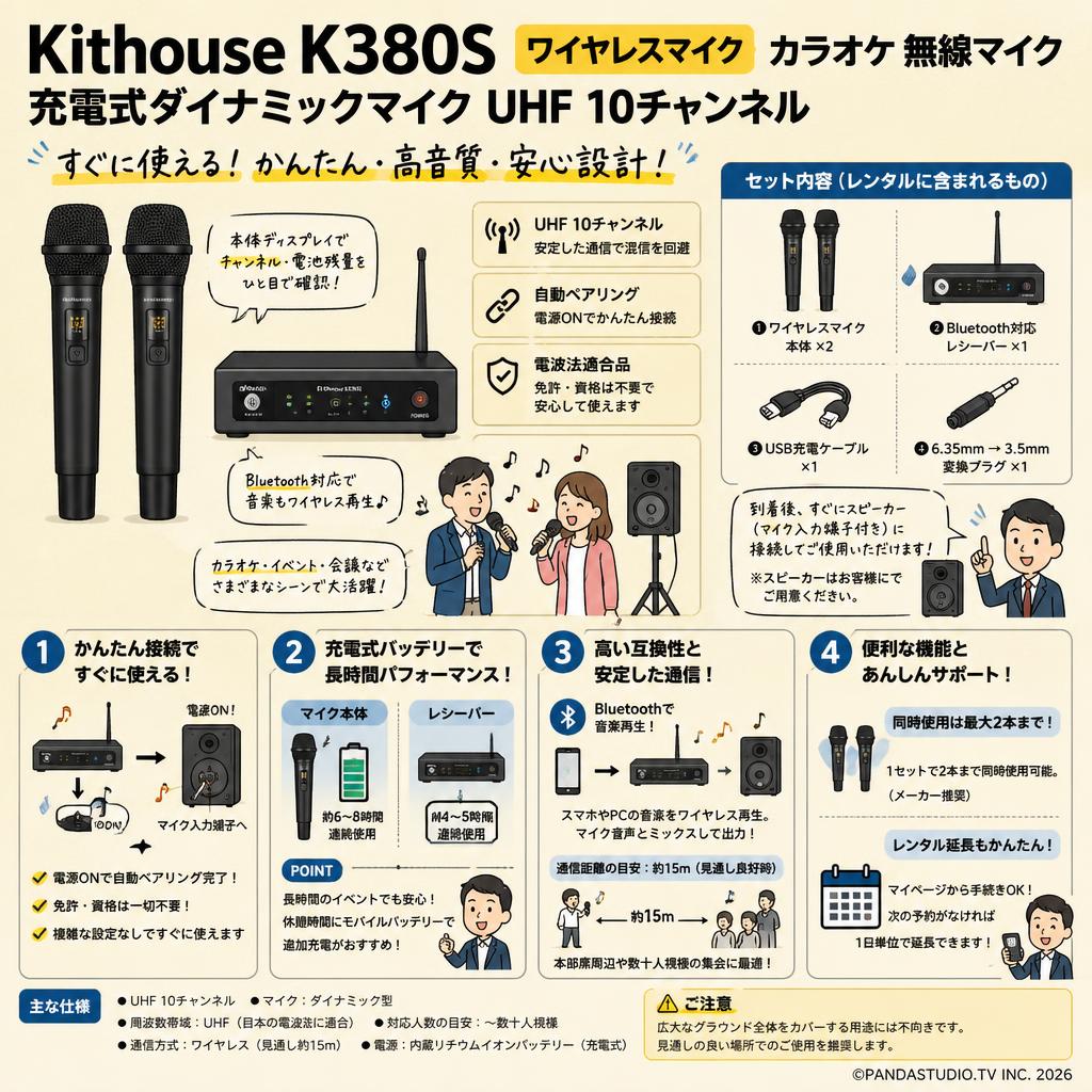 Kithouse K380Sワイヤレスマイク カラオケ 無線マイク 充電式ダイナミックマイク UHF 10チャンネル FAQ（よくある質問と答え）