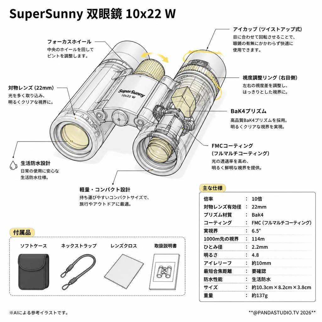 【20%ポイントバック実施中】SuperSunny 双眼鏡 10x22 W スペック