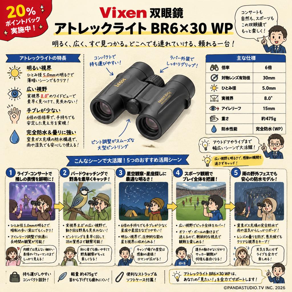 【20%ポイントバック実施中】Vixen 双眼鏡 アトレックライト BR6×30 WP 用途