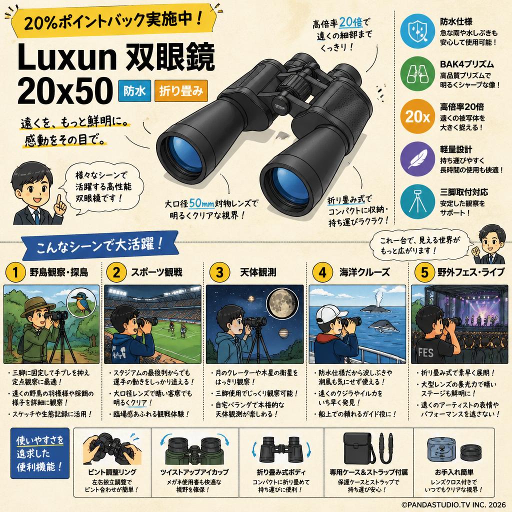 【20%ポイントバック実施中】Luxun 双眼鏡 20x50 防水 折り畳み 用途