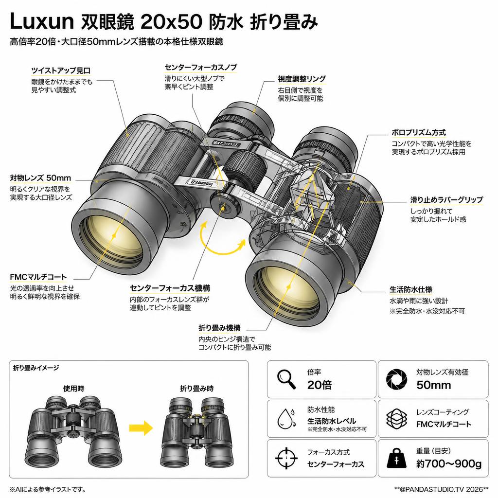 【20%ポイントバック実施中】Luxun 双眼鏡 20x50 防水 折り畳み スペック