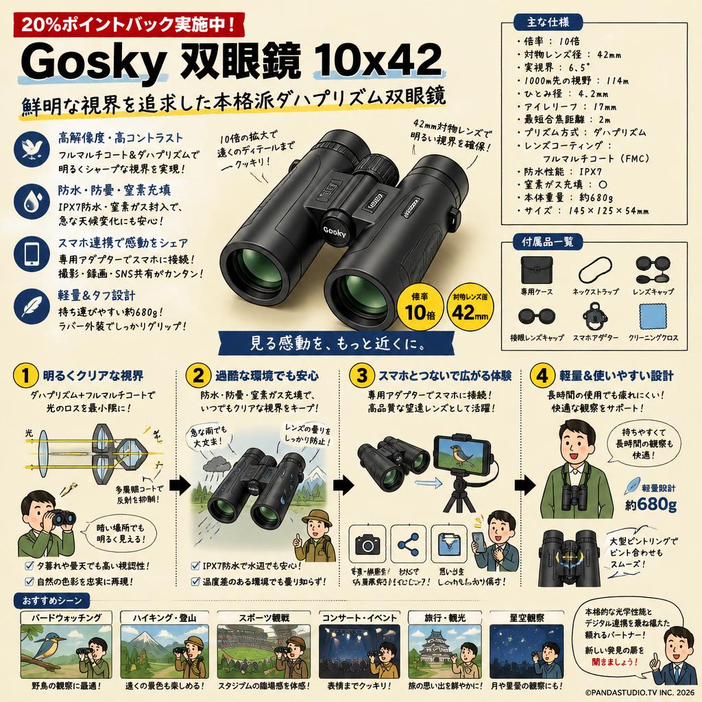 【20%ポイントバック実施中】Gosky 双眼鏡 10x42 概要