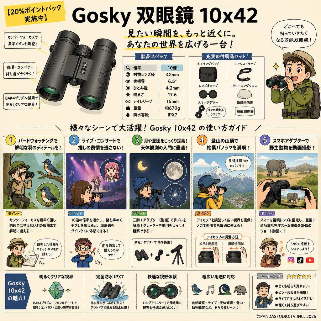 【20%ポイントバック実施中】Gosky 双眼鏡 10x42 用途
