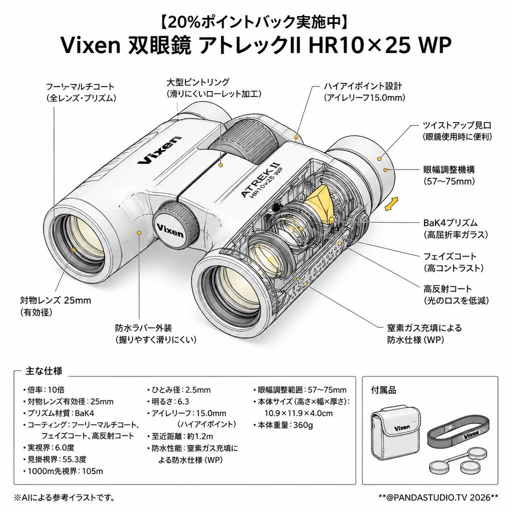 【20%ポイントバック実施中】Vixen 双眼鏡 アトレックII HR10×25 WP スペック