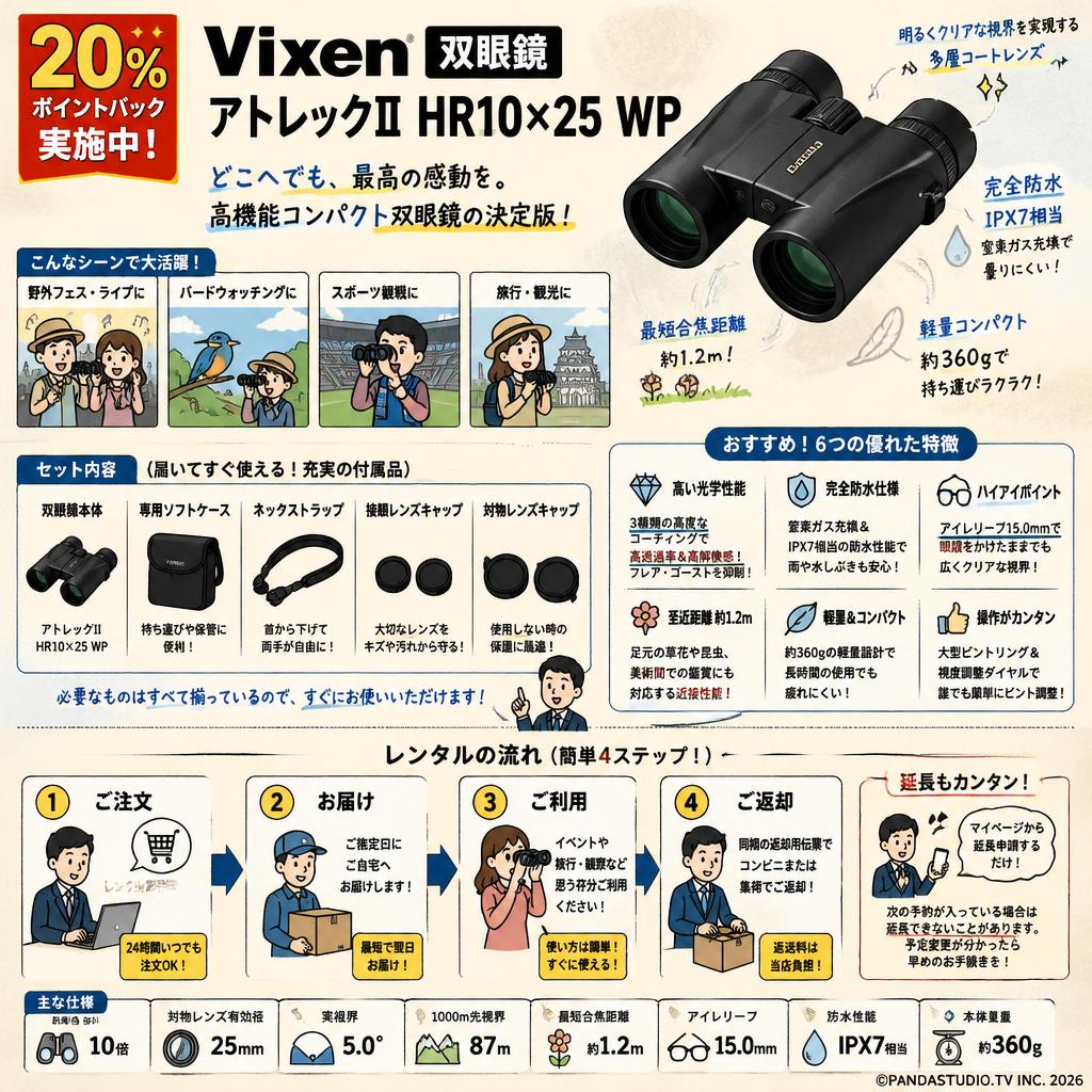 【20%ポイントバック実施中】Vixen 双眼鏡 アトレックII HR10×25 WP FAQ（よくある質問と答え）