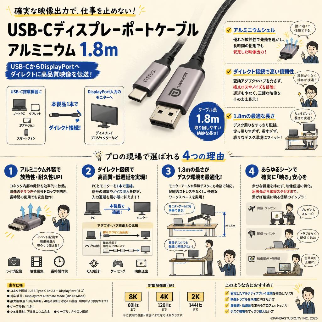 USB-Cディスプレーポートケーブル アルミニウム 1.8ｍ 概要