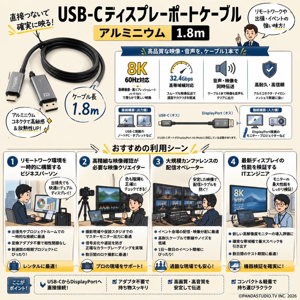 USB-Cディスプレーポートケーブル アルミニウム 1.8ｍ おもな対象のお客様