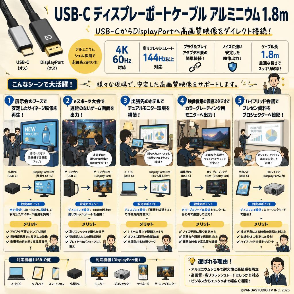 USB-Cディスプレーポートケーブル アルミニウム 1.8ｍ 用途