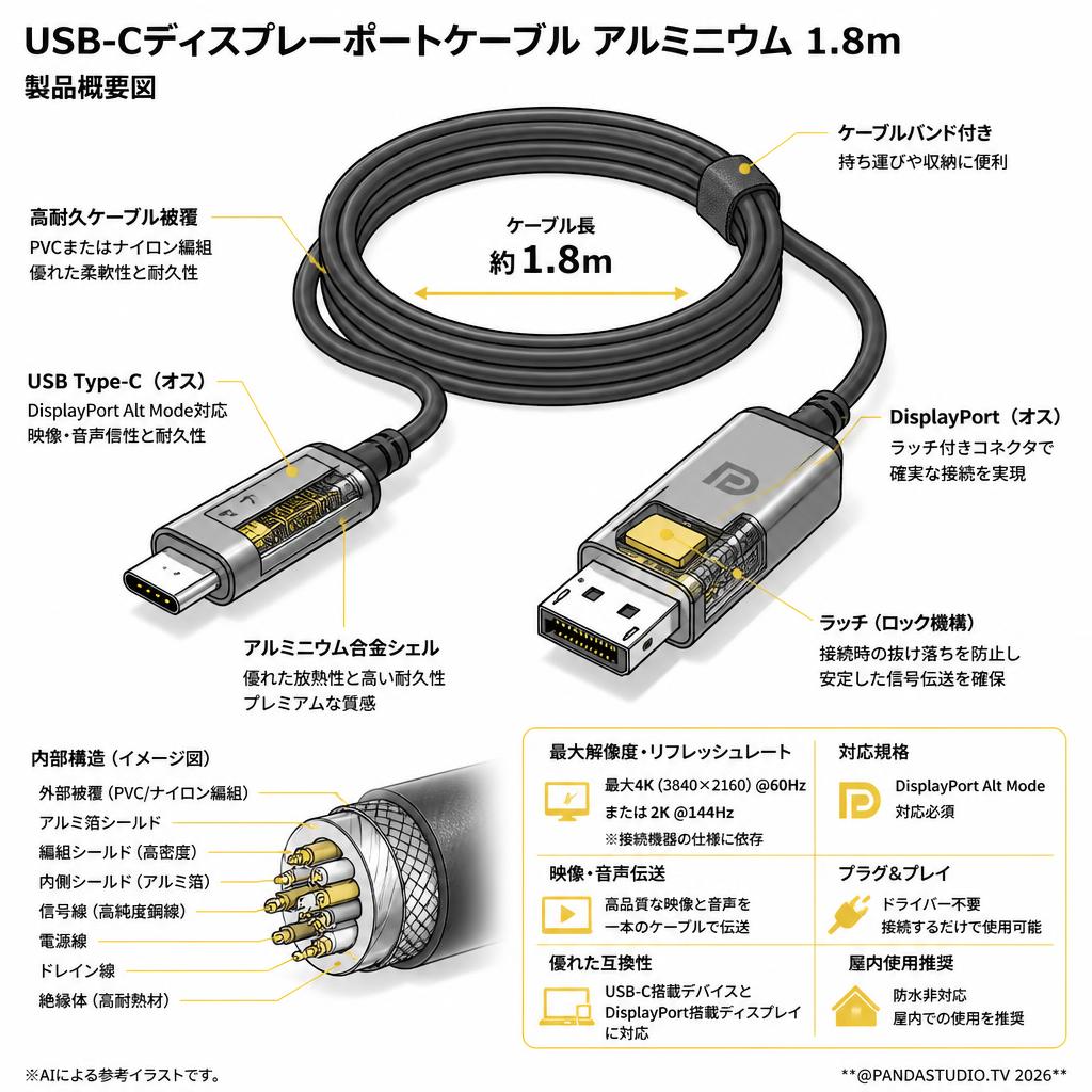 USB-Cディスプレーポートケーブル アルミニウム 1.8ｍ スペック