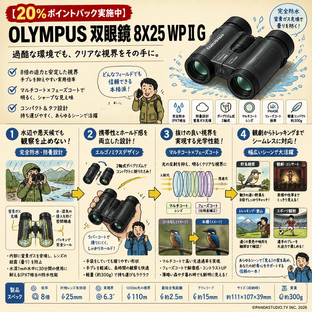 【20%ポイントバック実施中】OLYMPUS 双眼鏡 8X25 WP II G 概要