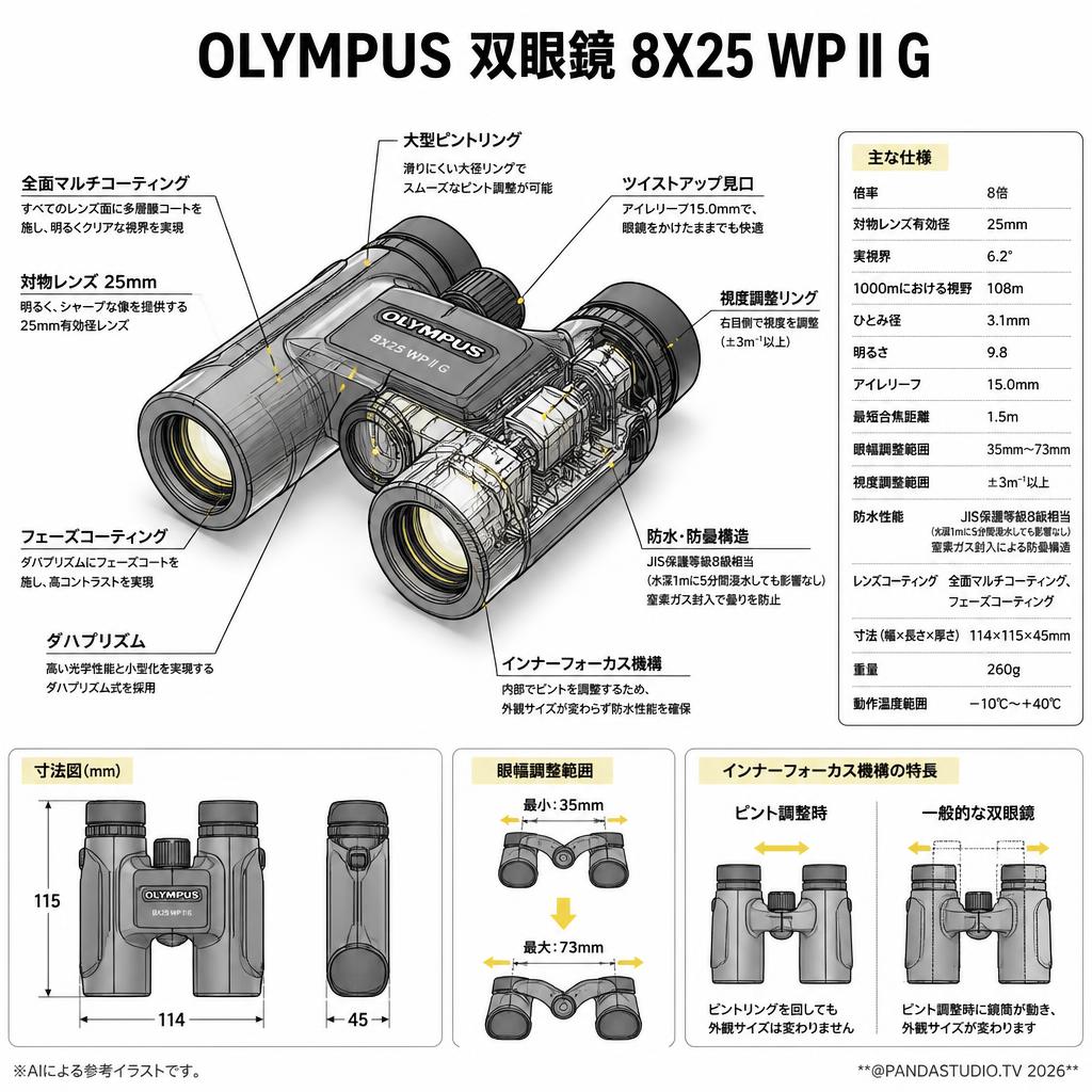 【20%ポイントバック実施中】OLYMPUS 双眼鏡 8X25 WP II G スペック