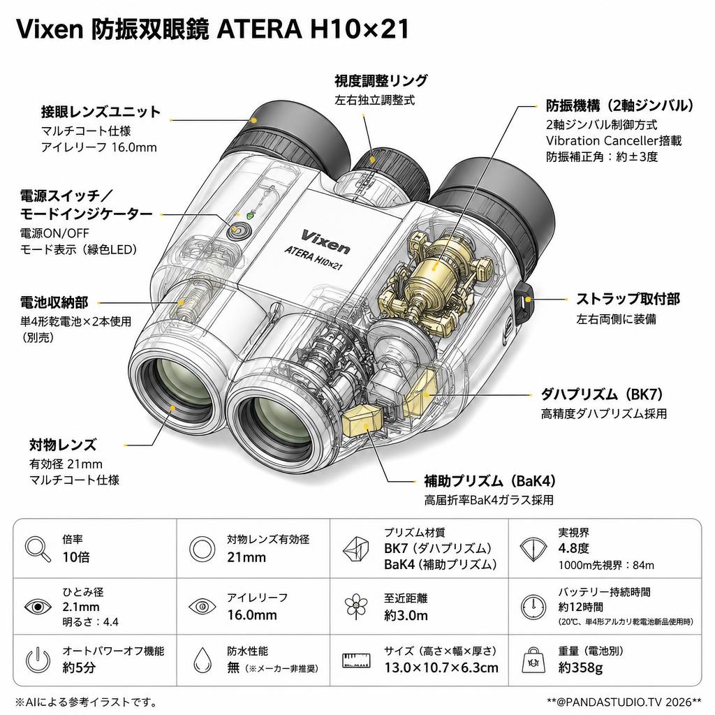 Vixen 防振双眼鏡 ATERA H10×21 【2日以上で往復送料無料】 スペック