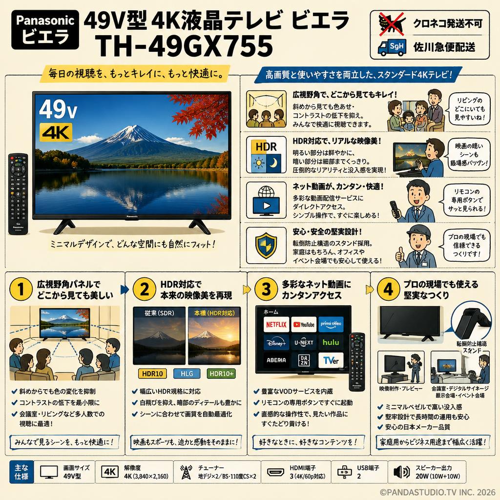 Panasonic 49V型 4K液晶テレビ ビエラ TH-49GX755【クロネコ発送不可/佐川急便配送】 概要