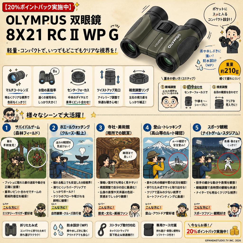 【20%ポイントバック実施中】OLYMPUS 双眼鏡 8X21 RC II WP G 用途