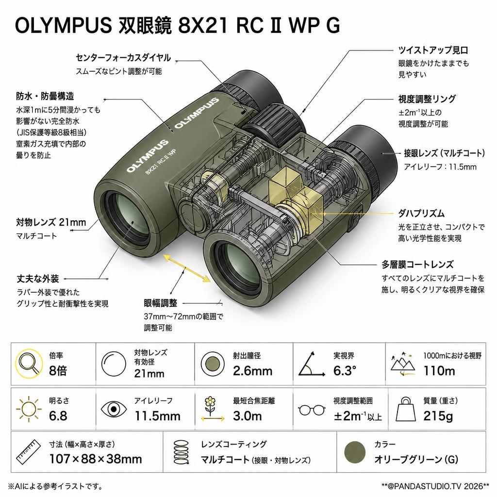 【20%ポイントバック実施中】OLYMPUS 双眼鏡 8X21 RC II WP G スペック
