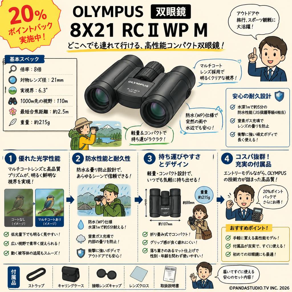 【20%ポイントバック実施中】OLYMPUS 双眼鏡 8X21 RC II WP M 概要