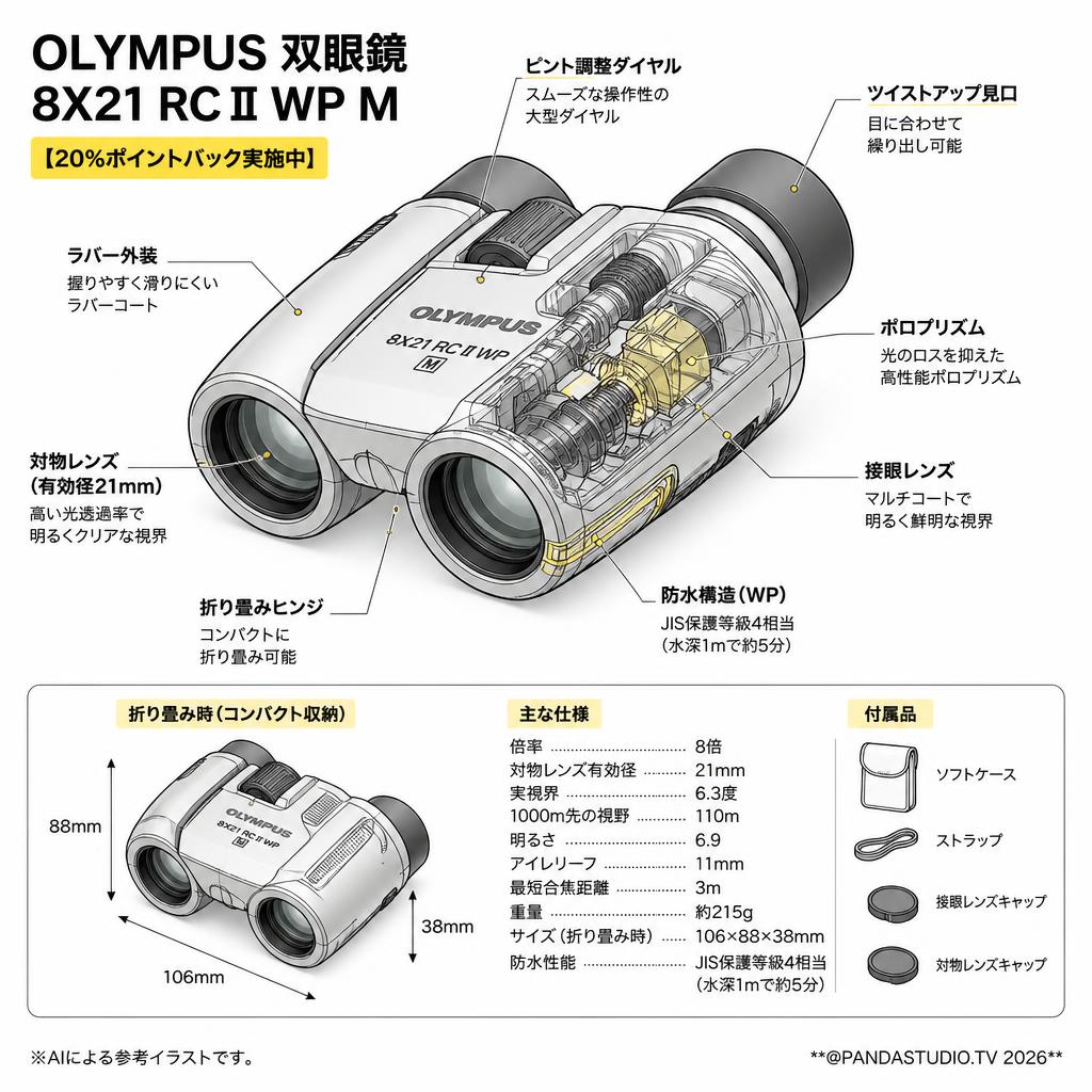 【20%ポイントバック実施中】OLYMPUS 双眼鏡 8X21 RC II WP M スペック