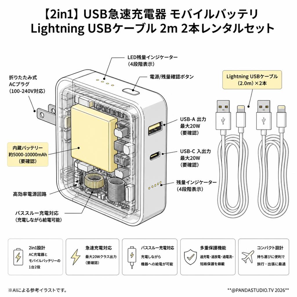 【2in1】 USB急速充電器 モバイルバッテリLightning USBケーブル 2m2本レンタルセット スペック