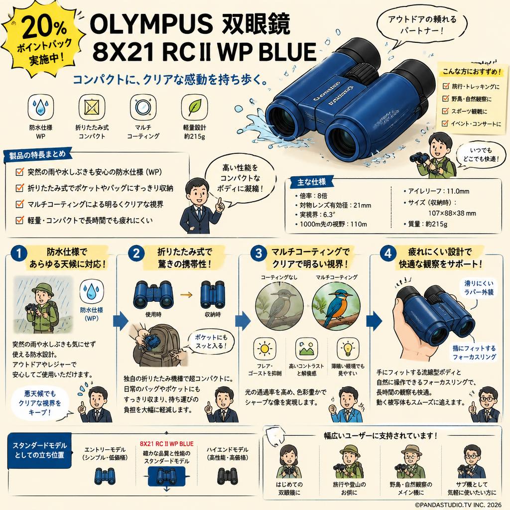 【20%ポイントバック実施中】OLYMPUS 双眼鏡 8X21 RC II WP BLUE 概要