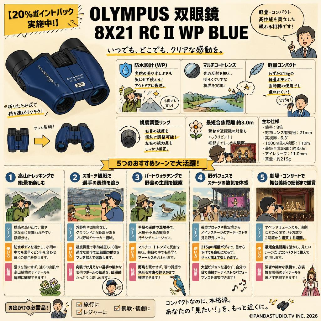 【20%ポイントバック実施中】OLYMPUS 双眼鏡 8X21 RC II WP BLUE 用途