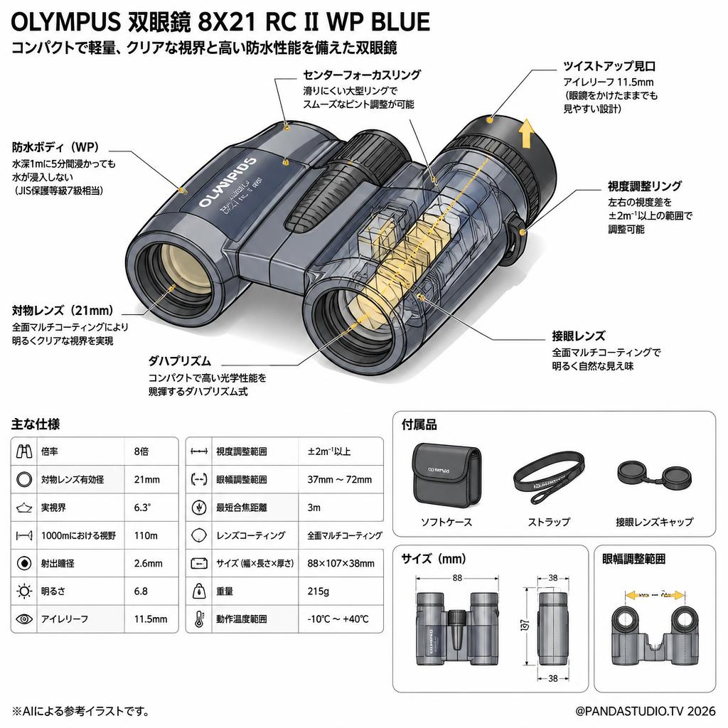 【20%ポイントバック実施中】OLYMPUS 双眼鏡 8X21 RC II WP BLUE スペック