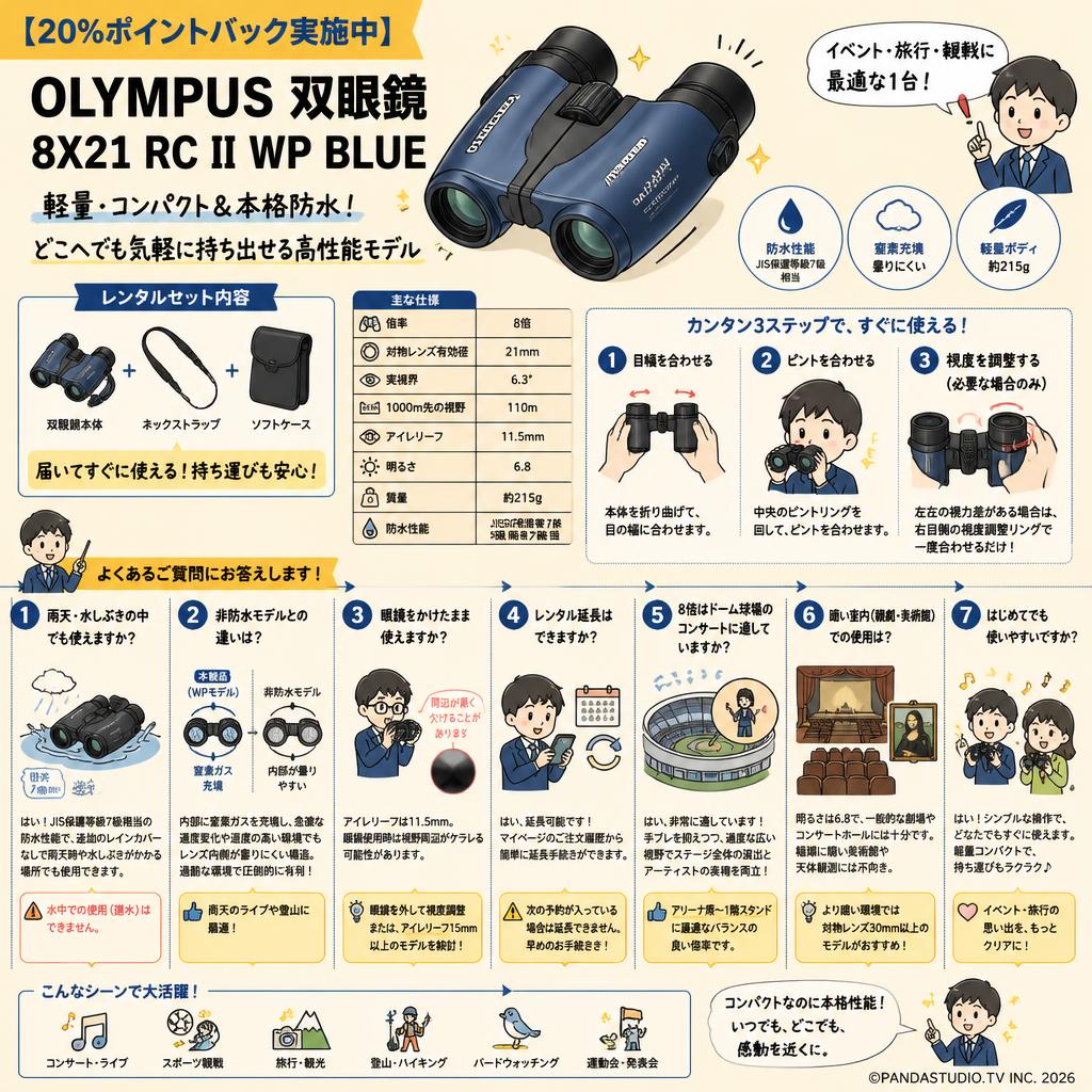 【20%ポイントバック実施中】OLYMPUS 双眼鏡 8X21 RC II WP BLUE FAQ（よくある質問と答え）