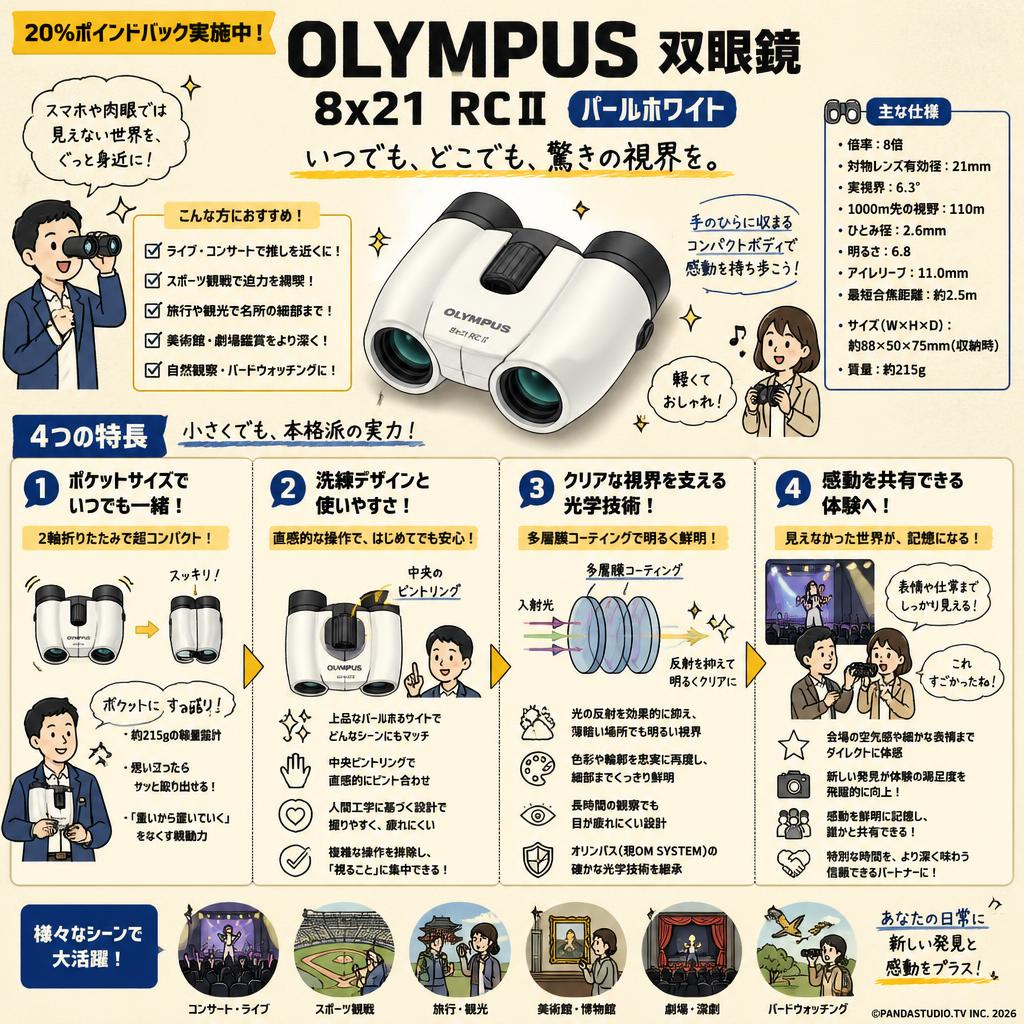 【20%ポイントバック実施中】OLYMPUS 双眼鏡 8x21 RC II パールホワイト 概要