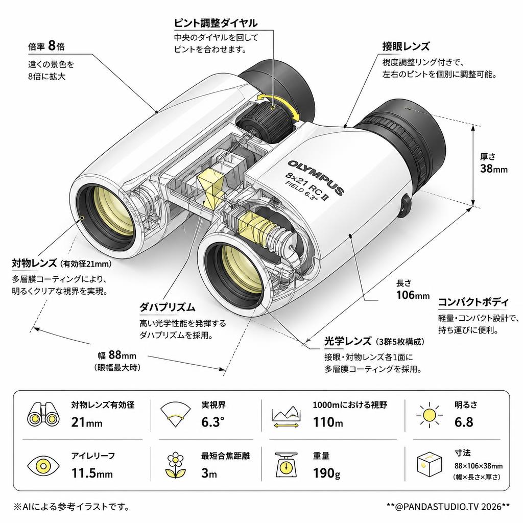 【20%ポイントバック実施中】OLYMPUS 双眼鏡 8x21 RC II パールホワイト スペック