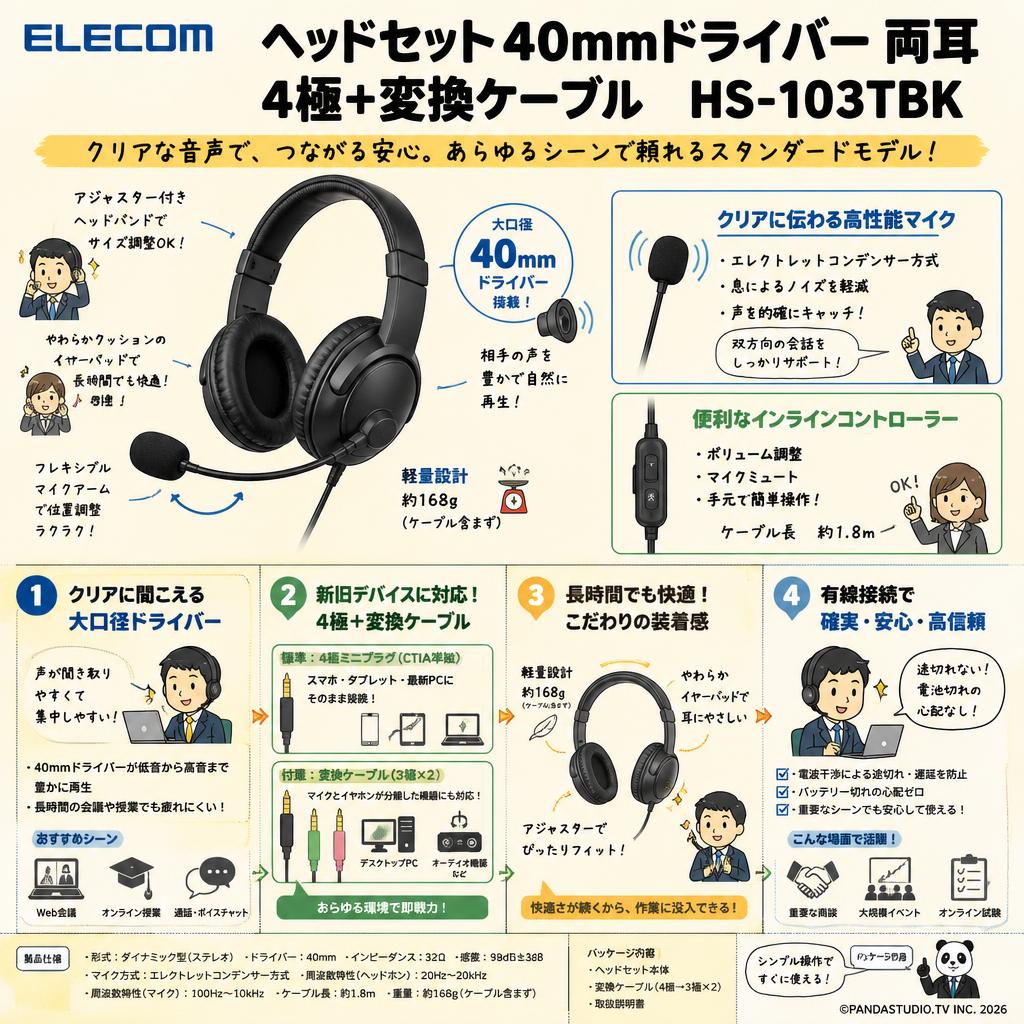 ELECOM ヘッドセット 40mmドライバー 両耳 4極+変換ケーブル HS-103TBK 概要