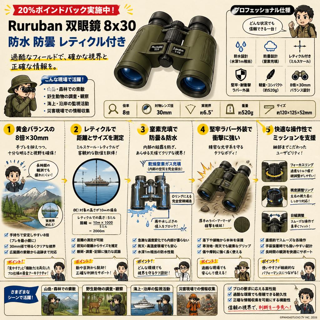 【20%ポイントバック実施中】Ruruban 双眼鏡 8x30 防水 防曇 レティクル付き 概要