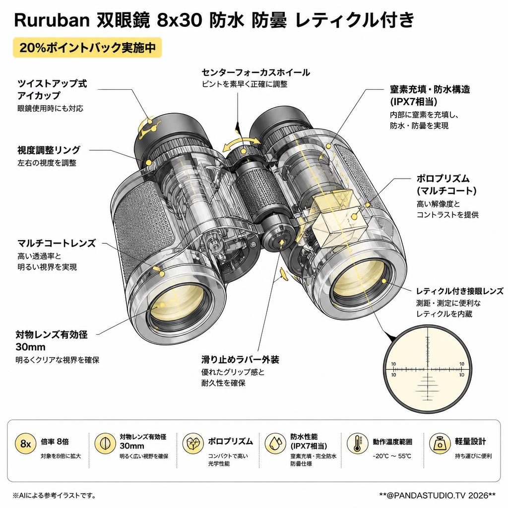 【20%ポイントバック実施中】Ruruban 双眼鏡 8x30 防水 防曇 レティクル付き スペック