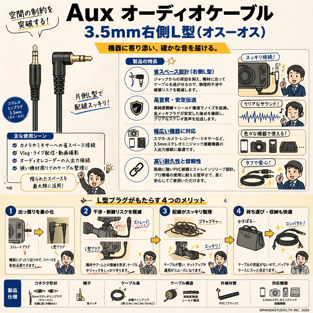 Aux オーディオケーブル3.5mm右側L型(オスーオス) 概要