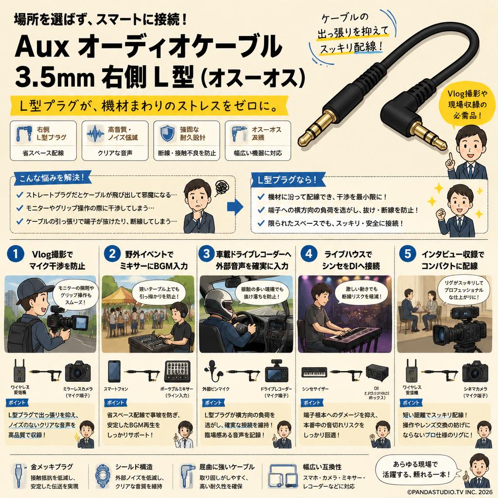 Aux オーディオケーブル3.5mm右側L型(オスーオス) 用途