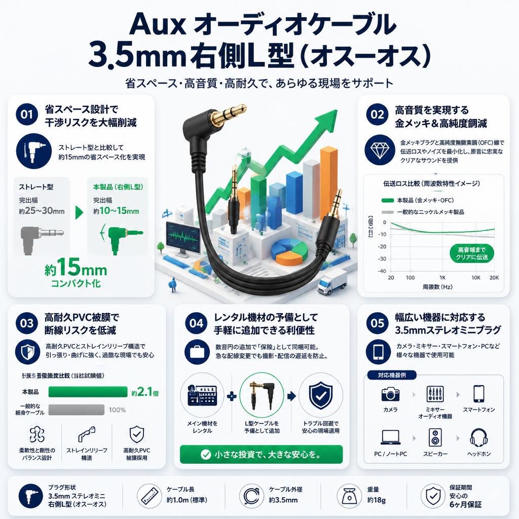 Aux オーディオケーブル3.5mm右側L型(オスーオス) セールスポイント