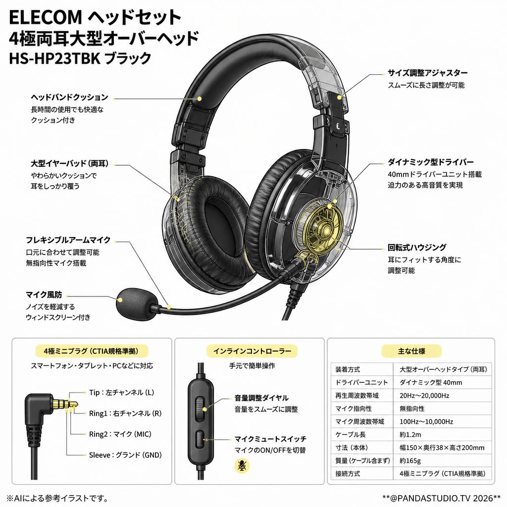 ELECOM ヘッドセット 4極両耳大型オーバーヘッド  HS-HP23TBK ブラック スペック