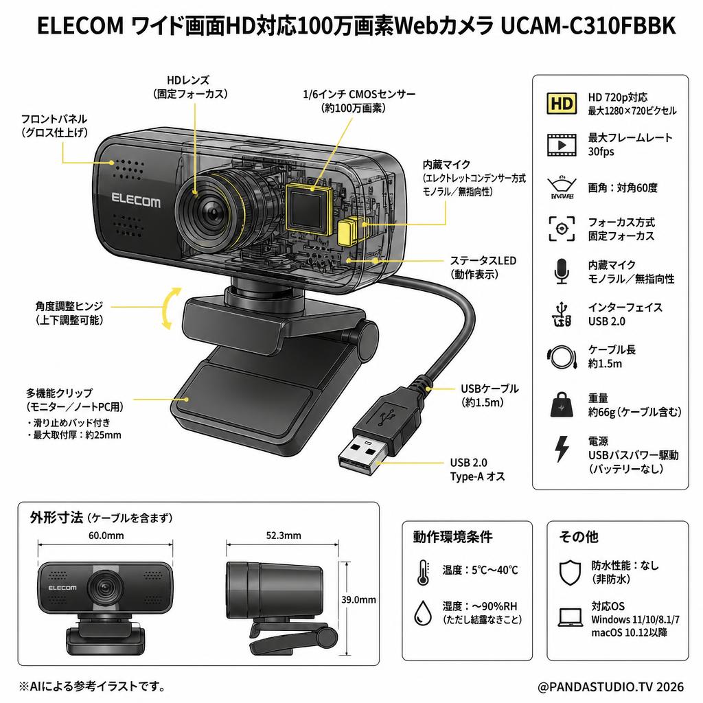 ELECOM ワイド画面HD対応100万画素Webカメラ UCAM-C310FBBK スペック