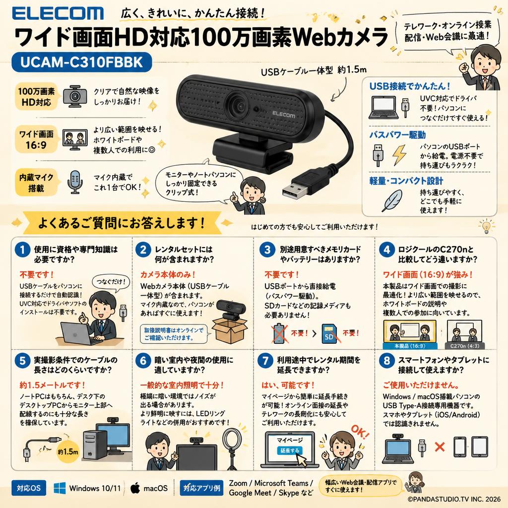 ELECOM ワイド画面HD対応100万画素Webカメラ UCAM-C310FBBK FAQ（よくある質問と答え）