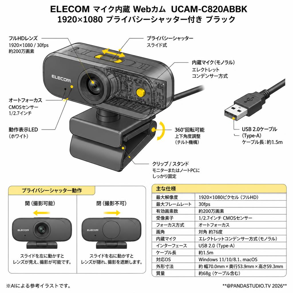 ELECOM マイク内蔵 Webカム  UCAM-C820ABBK 1920×1080 プライバシーシャッター付き ブラック スペック